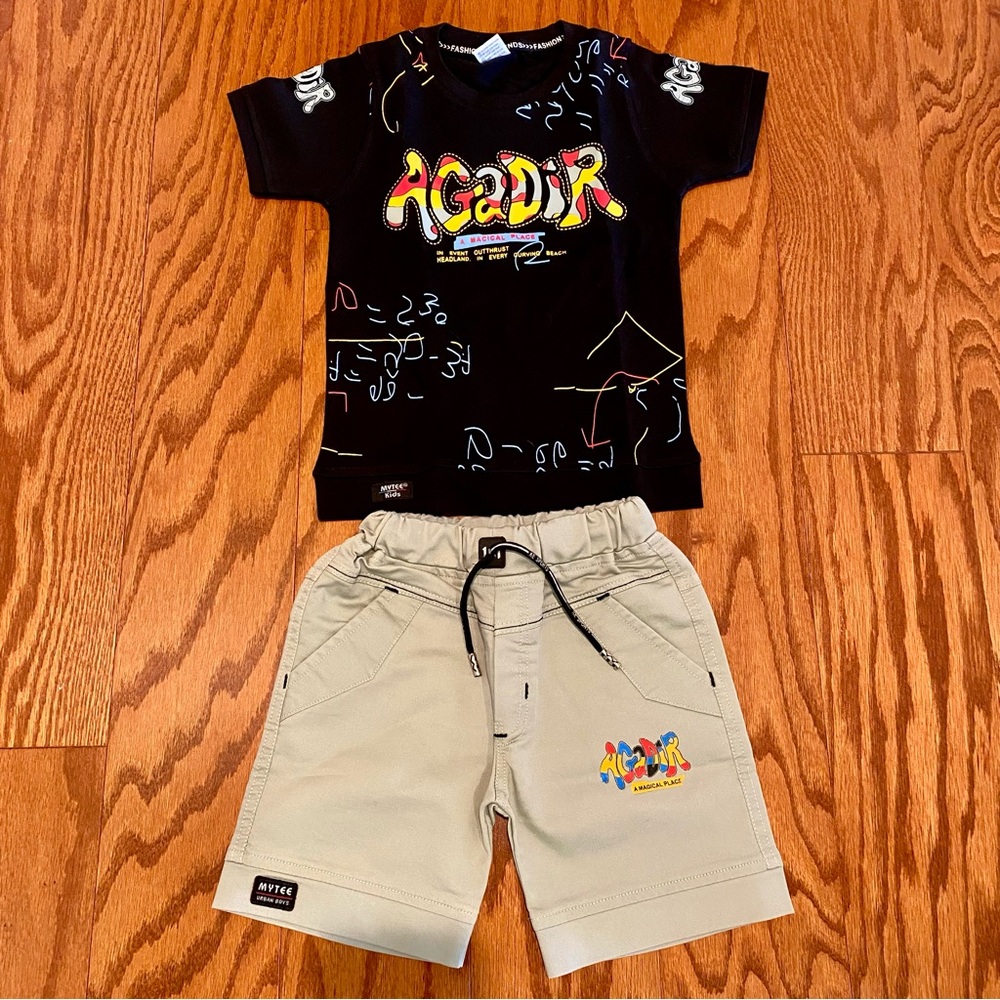 NWOT Black Graphic T-Shirt and Grey-Green Shorts Set